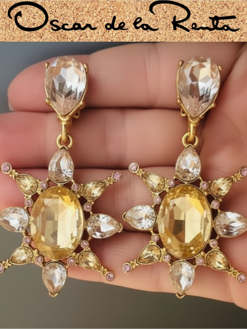 Oscar de la Renta Golden Tropical Bloom CRYSTAL Starburst Drop Earrings ✨CLIP-ON